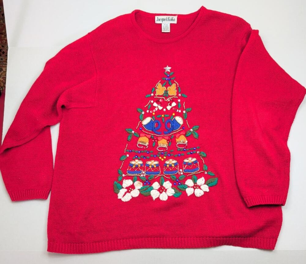 Jacque & KoKo Red Sequin Holiday Tree Christmas Sweater Women's Size 14/16